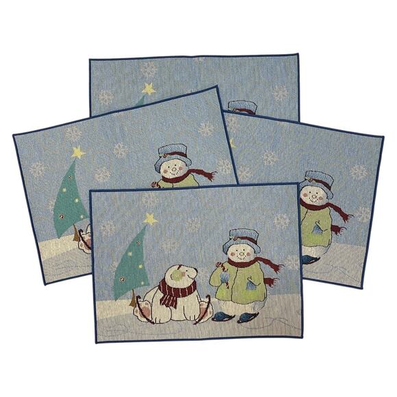 Set of 4 Holiday Snowman Christmas Placemats Arctic Blue Snowflake - NEW - Picture 1 of 5